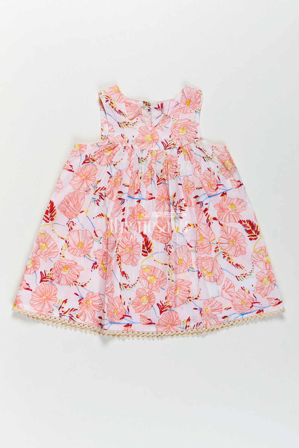 The Nesavu Girls Cotton Frock Girls Cotton Frocks Online for Kids in Sleeveless Style with Pink Floral Digital Print Nesavu Cotton Frocks Online Kids Sleeveless Floral Style Lace Hem Gathered Waist | The Nesavu