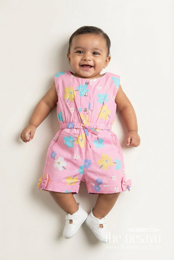 The Nesavu Girls Jumpsuit Girls Cotton Jumpsuit with Floral Prints and Bow Headband for Summer Playdates Nesavu 20 (3Y) / pink BFJ840A-20 Nesavu Girls Floral Cotton Jumpsuit Headband Playful Pink Summer Outfit Toddlers