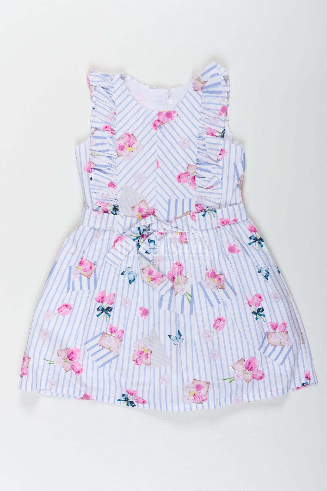 The Nesavu Girls Cotton Frock Girls Cotton Knee Length Frock with Striped Floral Print and Decorative Front Ruffles Nesavu 20 (3Y) / Blue GFC1658A-20 Nesavu Girls Cotton Frock Floral Stripes Ruffle Detail Knee Length Style