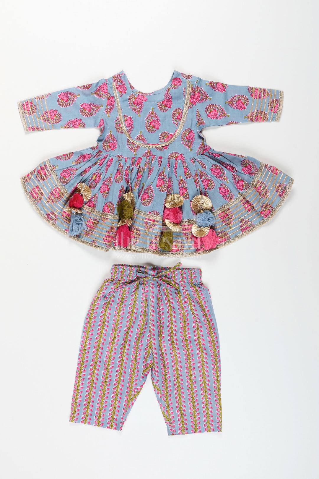 The Nesavu Girls Sharara / Plazo Set Girls cotton kurti set with floral block print and festive tassels Nesavu 16 (1Y) / Blue GPS841A-16 Nesavu girls cotton kurti set floral block print striped plazo  festive ethnic outfit