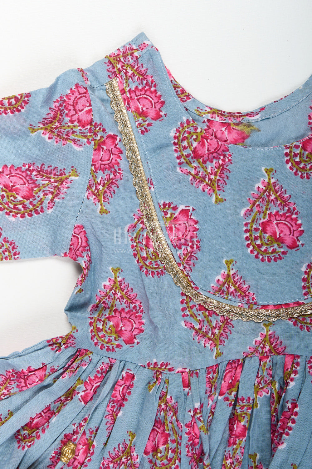 The Nesavu Girls Sharara / Plazo Set Girls cotton kurti set with floral block print and festive tassels Nesavu Nesavu girls cotton kurti set floral block print striped plazo  festive ethnic outfit