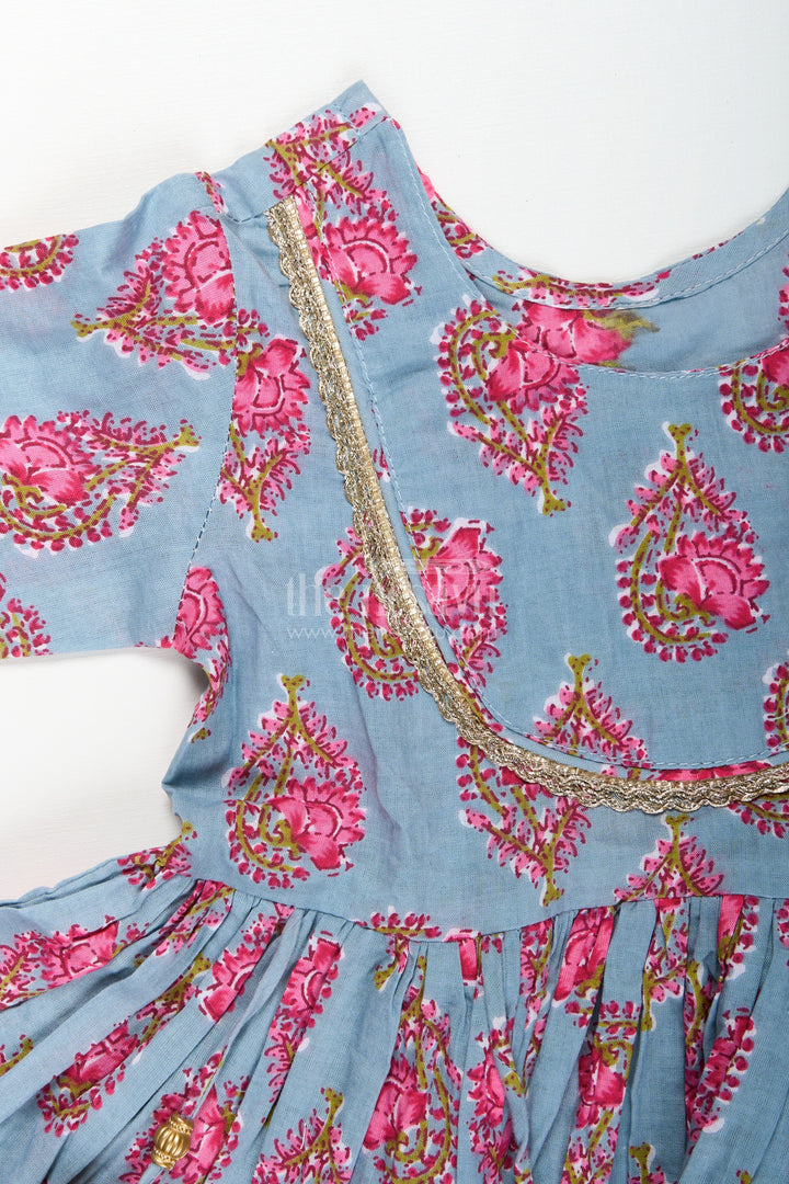 The Nesavu Girls Sharara / Plazo Set Girls cotton kurti set with floral block print and festive tassels Nesavu Nesavu girls cotton kurti set floral block print striped plazo  festive ethnic outfit