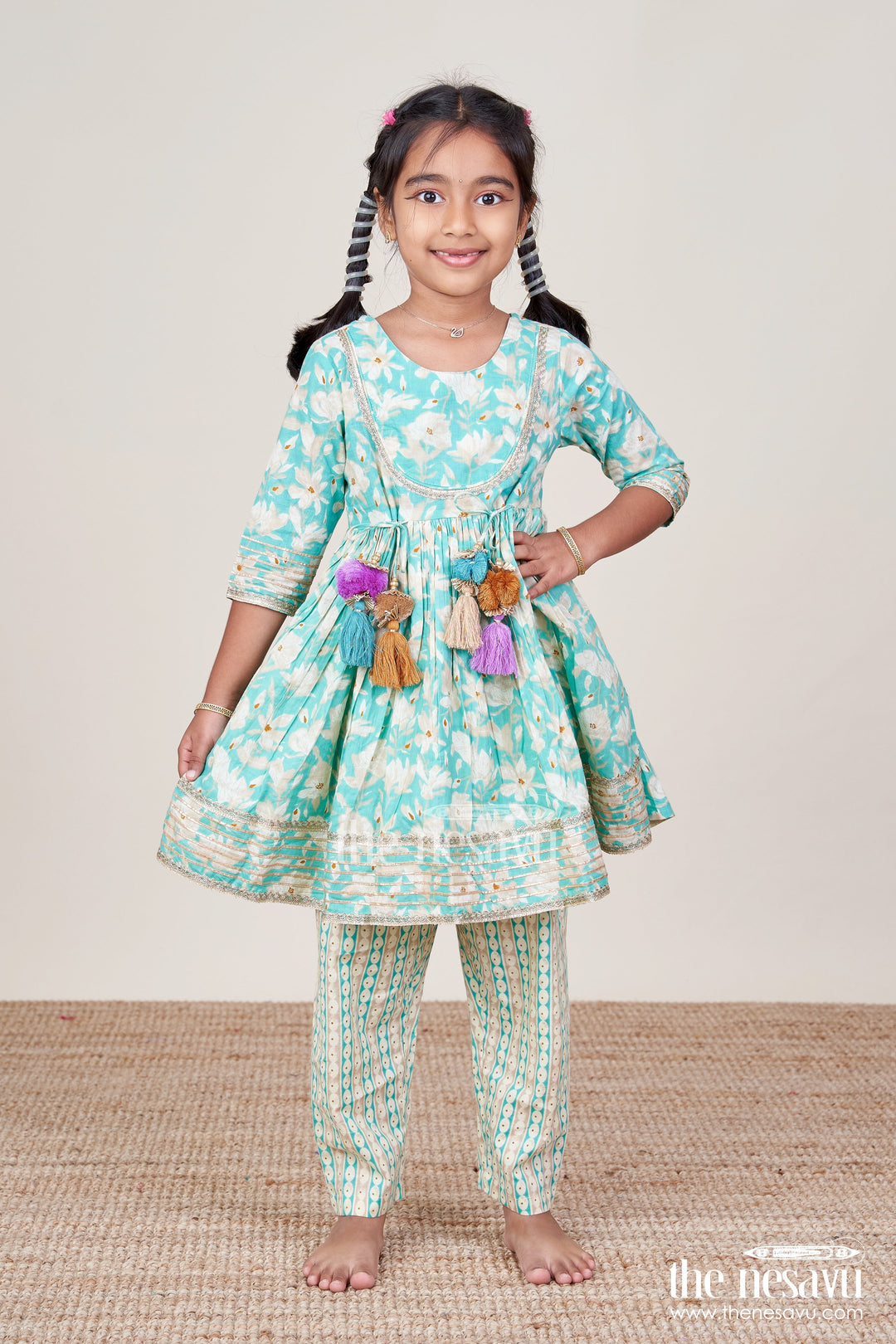 Nesavu girls cotton ethnic kurti set floral stripe print festive
