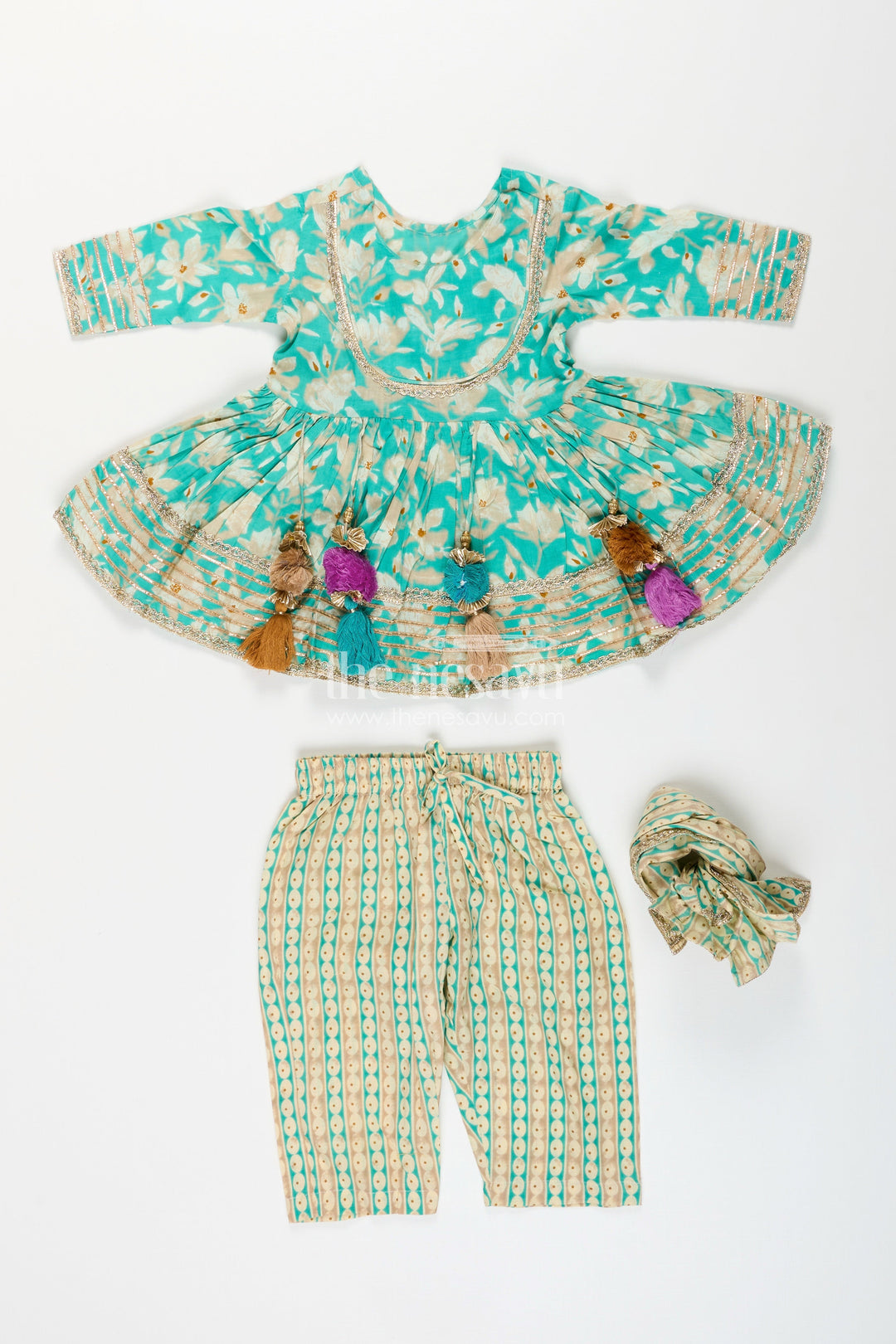 The Nesavu Girls Sharara / Plazo Set Girls cotton kurti set with floral block print and striped plazo Nesavu Nesavu girls cotton ethnic kurti set floral stripe print  festive fun plazo outfit