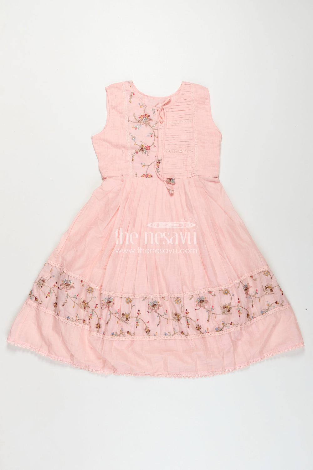 The Nesavu Girls Cotton Frock Girls Cotton Latest Designer Frock in Blush Pink with Pintucks and Thread Embroidery Yoke Nesavu Girls Latest Designer Frock in Soft Cotton with Embroidered Yoke and Pintuck Detailing | The Nesavu