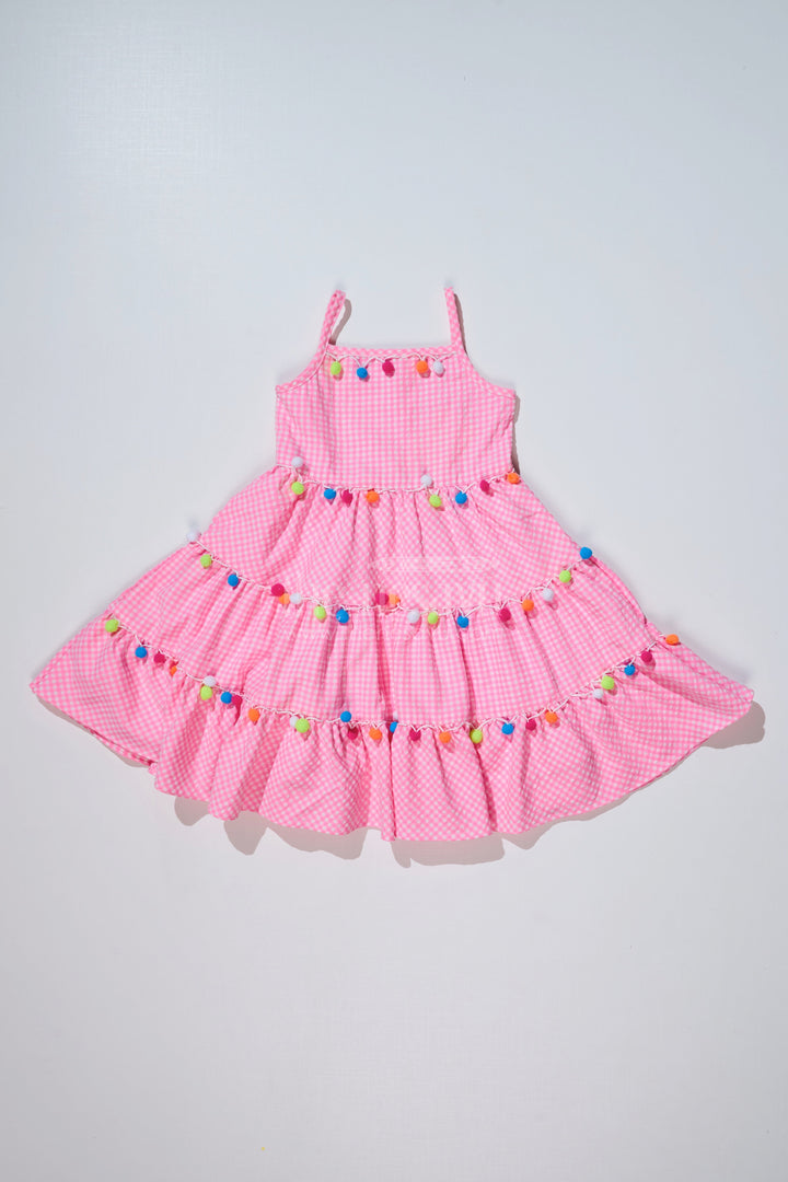 The Nesavu Girls Cotton Frock Girls Cotton Latest Frock with Pom Pom Detailing and Gingham Print for Stylish Everyday Wear Nesavu 20 (3Y) / Pink GFC1613A-20 Nesavu Girls Cotton Latest Frock Pom Pom Detailing Gingham Print Casual Wear