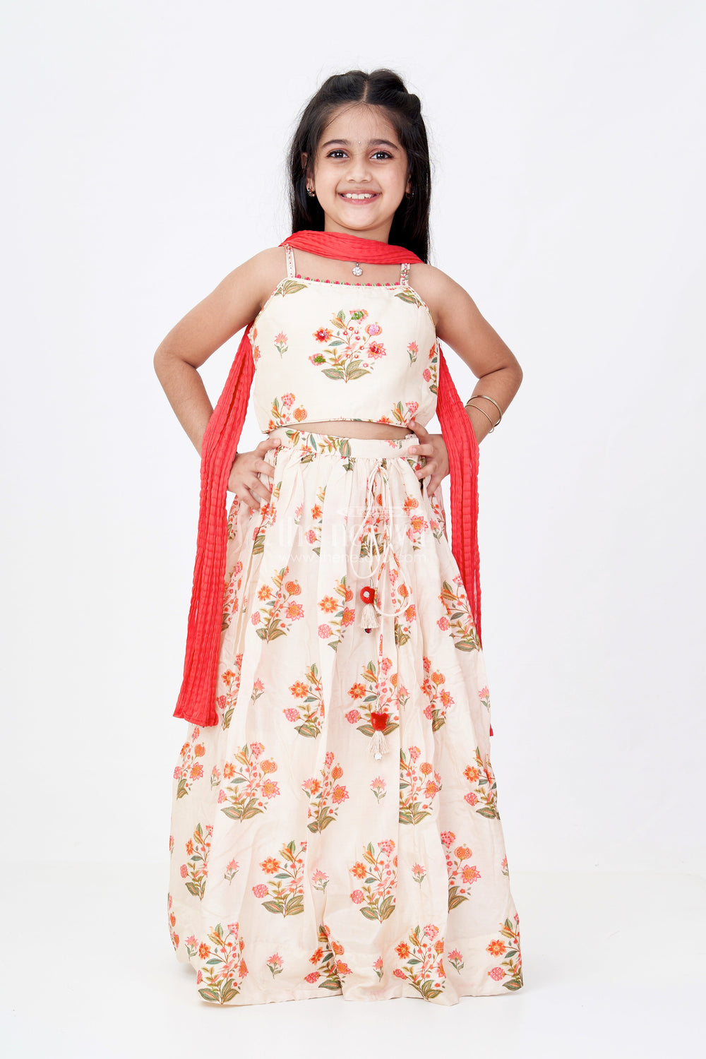 The Nesavu Girls Lehenga Choli Girls Cotton Lehenga Choli with Dupatta in Viscose Silk and Floral Mirror Embroidery Detailing Nesavu Nesavu Girls Cotton Lehenga Choli Dupatta Viscose Silk Mirror Work Floral Print