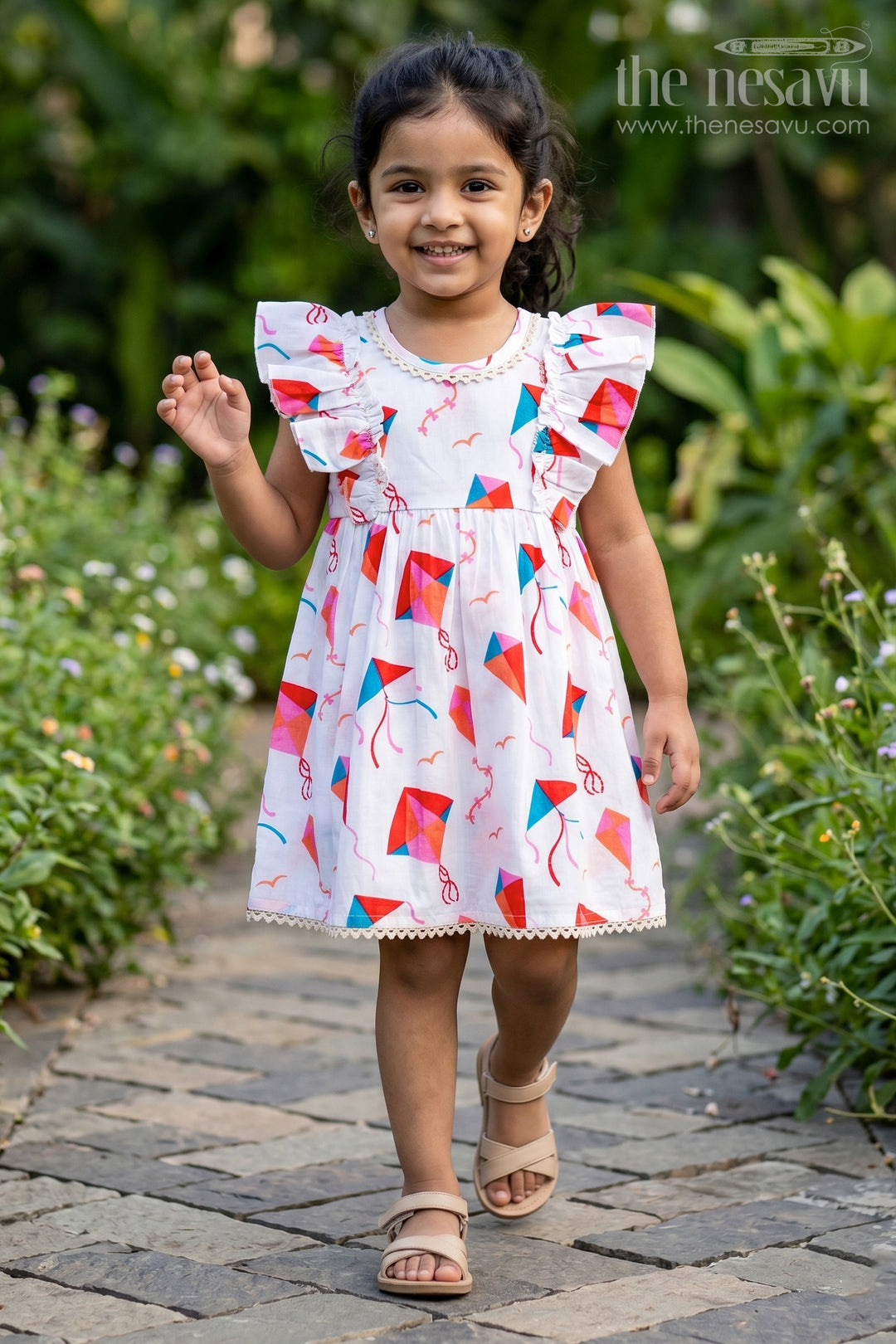 The Nesavu Girls Cotton Frock Girls Cotton Online Frock for Girls with Puff Sleeves and Kite Digital Print in Festive Colors Nesavu 16 (1Y) / White GFC1750A-16 Cotton Online Frock Girls Kite Digital Print Puff Sleeve Design Festive Style | The Nesavu