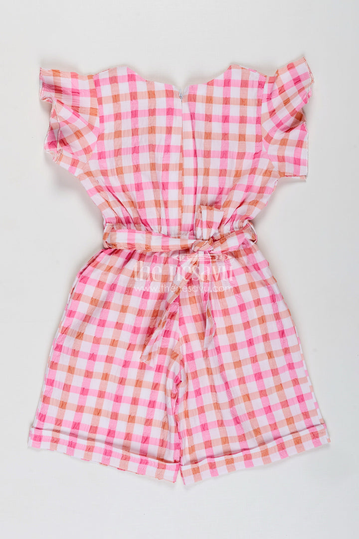 The Nesavu Girls Dungarees Girls Cotton Playsuit Everyday Comfortable Outfit Nesavu Nesavu Pink Checked Cotton Girls Playsuit Everyday Comfort Flutter Sleeves Floral Accent