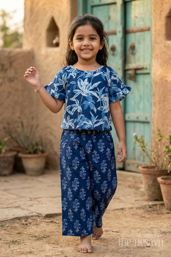 The Nesavu Girls Co-Ord Sets Girls Cotton Printed Co Ord Set for Stylish Summer Looks Nesavu 16 (1Y) / Blue / Cotton GCS011A-16 Nesavu Girls Cotton Printed Co Ord Set With Short Sleeve Top For Summer Outings