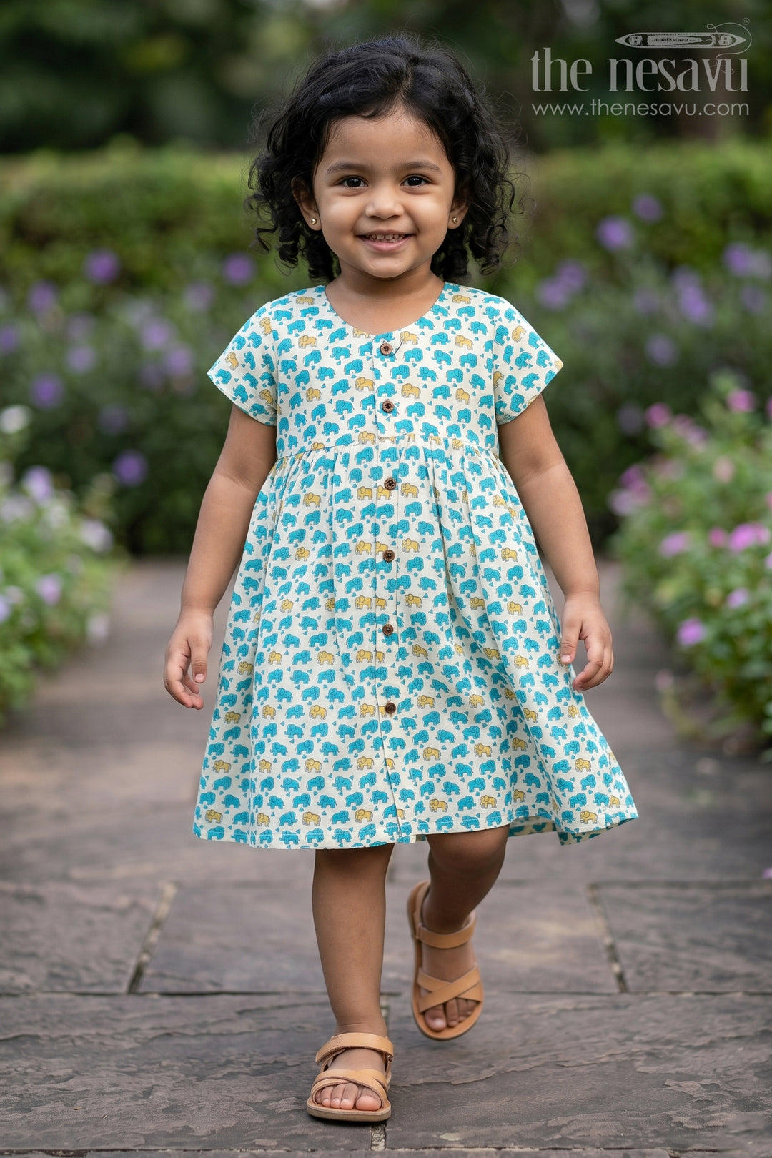 The Nesavu Girls Cotton Frock Girls Cotton Printed Frock with Front Button Frock Design and Cute Elephant Motif Pattern Nesavu 18 (2Y) / Blue GFC1729A-18 Girls Cotton Printed Frock Front Button Design Playful Elephant Motif Daily Comfort | The Nesavu