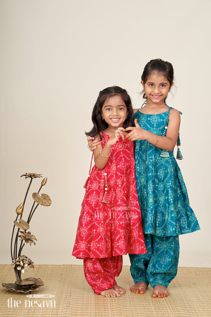 The Nesavu Girls Sharara / Plazo Set Girls Cotton Sharara Set with Digital Print for Festive Occasions Nesavu Nesavu girls red cotton sharara set with digital print for festive and ethnic functions