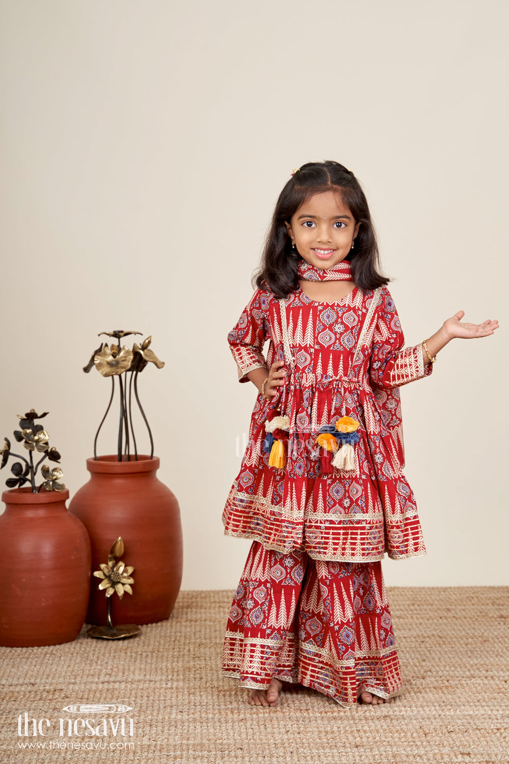The Nesavu Girls Sharara / Plazo Set Girls cotton sharara set with ethnic block print and tassel accents Nesavu 16 (1Y) / Maroon GPS837A-16 Nesavu girls ethnic cotton sharara set tassels block print  perfect festive outfit