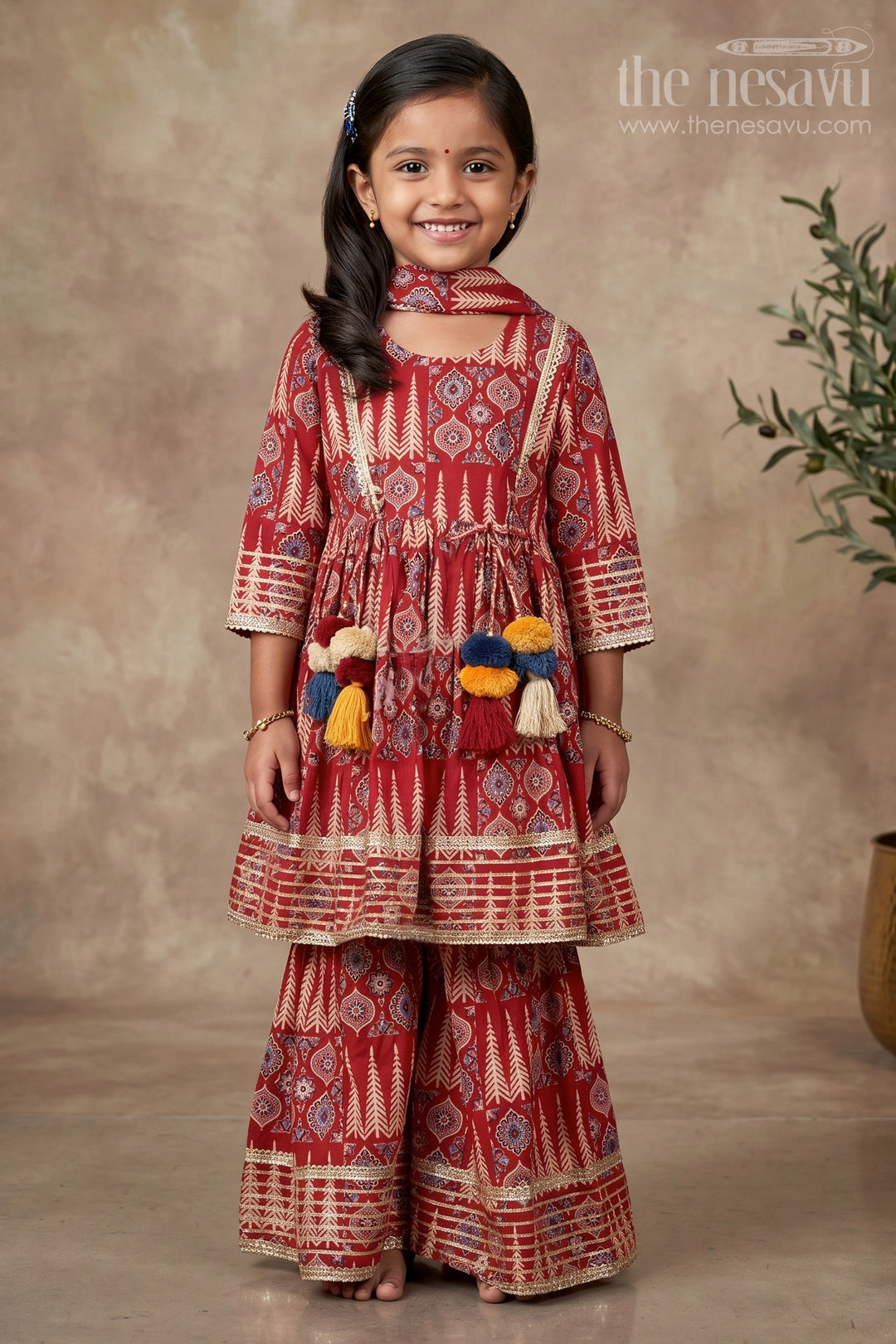 The Nesavu Girls Sharara / Plazo Set Girls Cotton Sharara Set with Ethnic Block Print and Tassel Accents Nesavu 16 (1Y) / Maroon GPS837A-16 Nesavu girls ethnic cotton sharara set tassels block print  perfect festive outfit