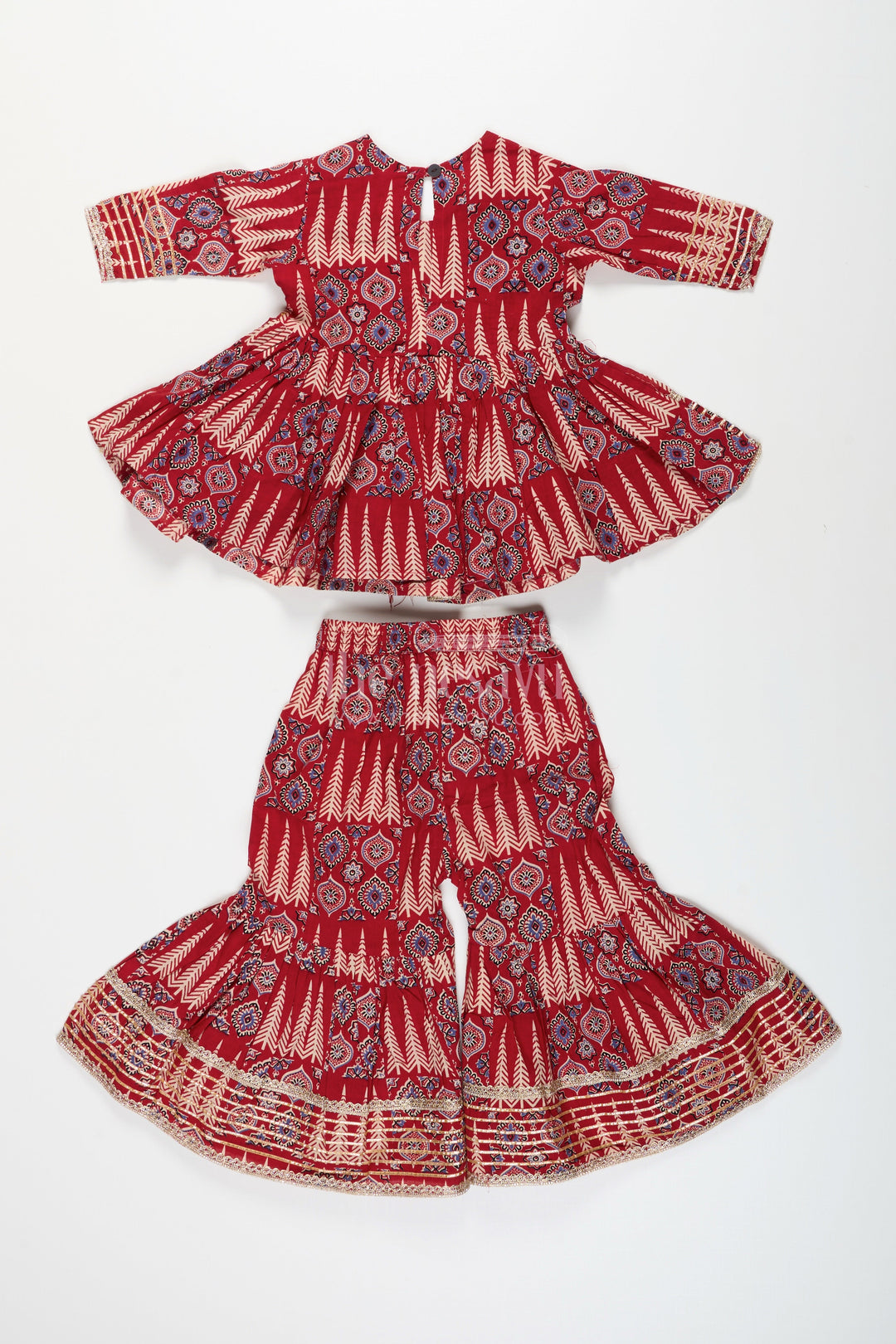 The Nesavu Girls Sharara / Plazo Set Girls cotton sharara set with ethnic block print and tassel accents Nesavu Nesavu girls ethnic cotton sharara set tassels block print  perfect festive outfit
