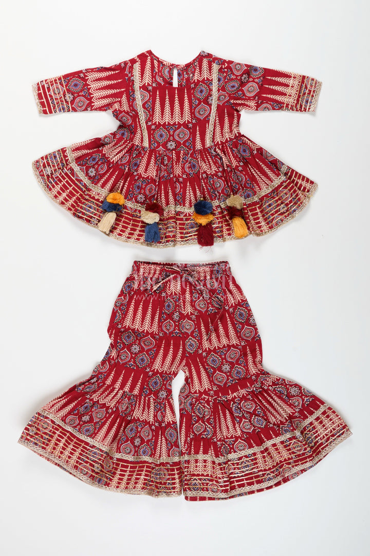 The Nesavu Girls Sharara / Plazo Set Girls cotton sharara set with ethnic block print and tassel accents Nesavu Nesavu girls ethnic cotton sharara set tassels block print  perfect festive outfit