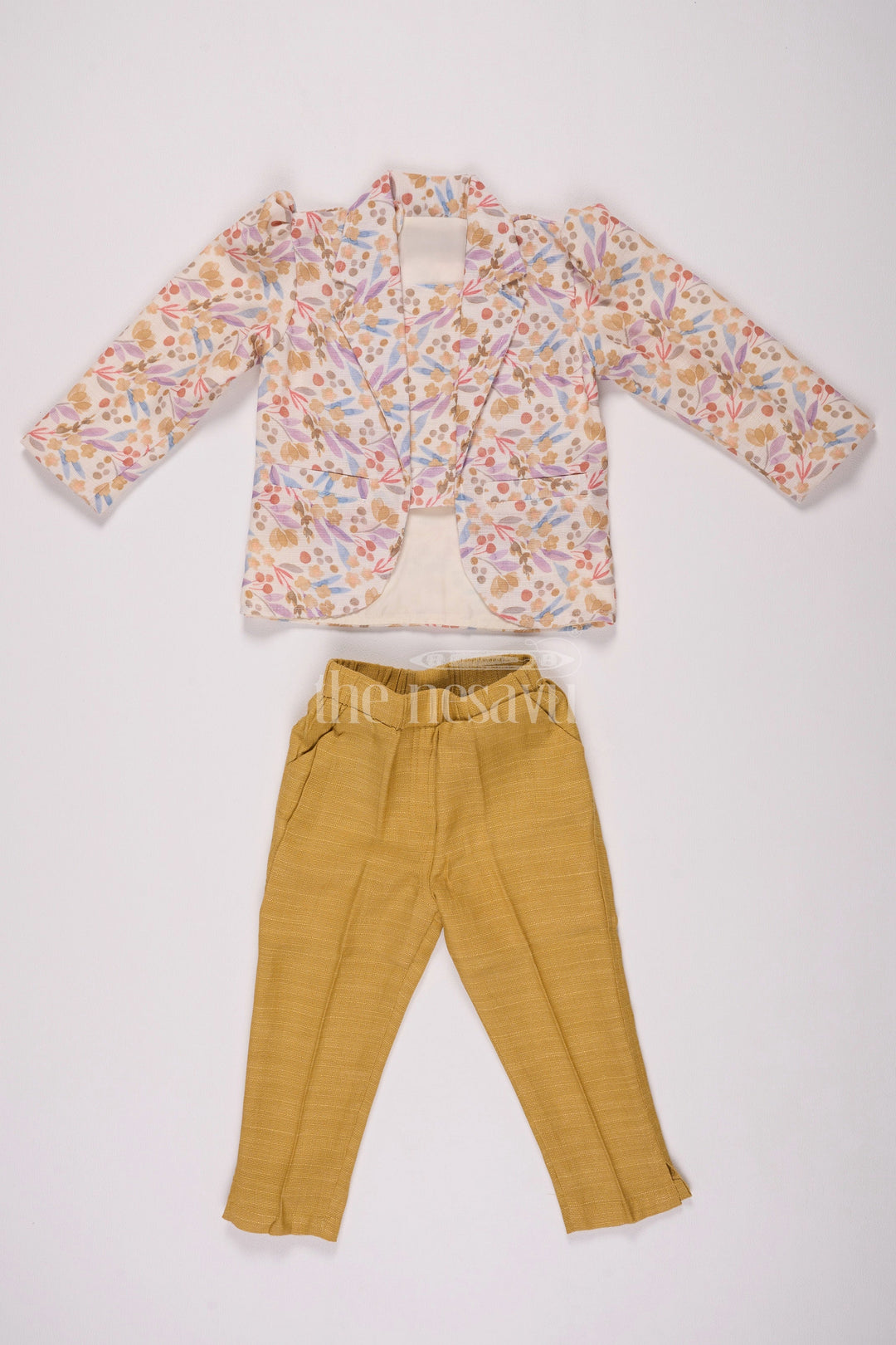 The Nesavu Girls Sharara / Plazo Set Girls Cotton Sharara Set with Festive Floral Blazer and Coordinated Pants for Parties Nesavu 18 (2Y) / Multicolor GPS471B-18 Nesavu Girls Cotton Sharara Set Floral Blazer Tailored Pants Parties