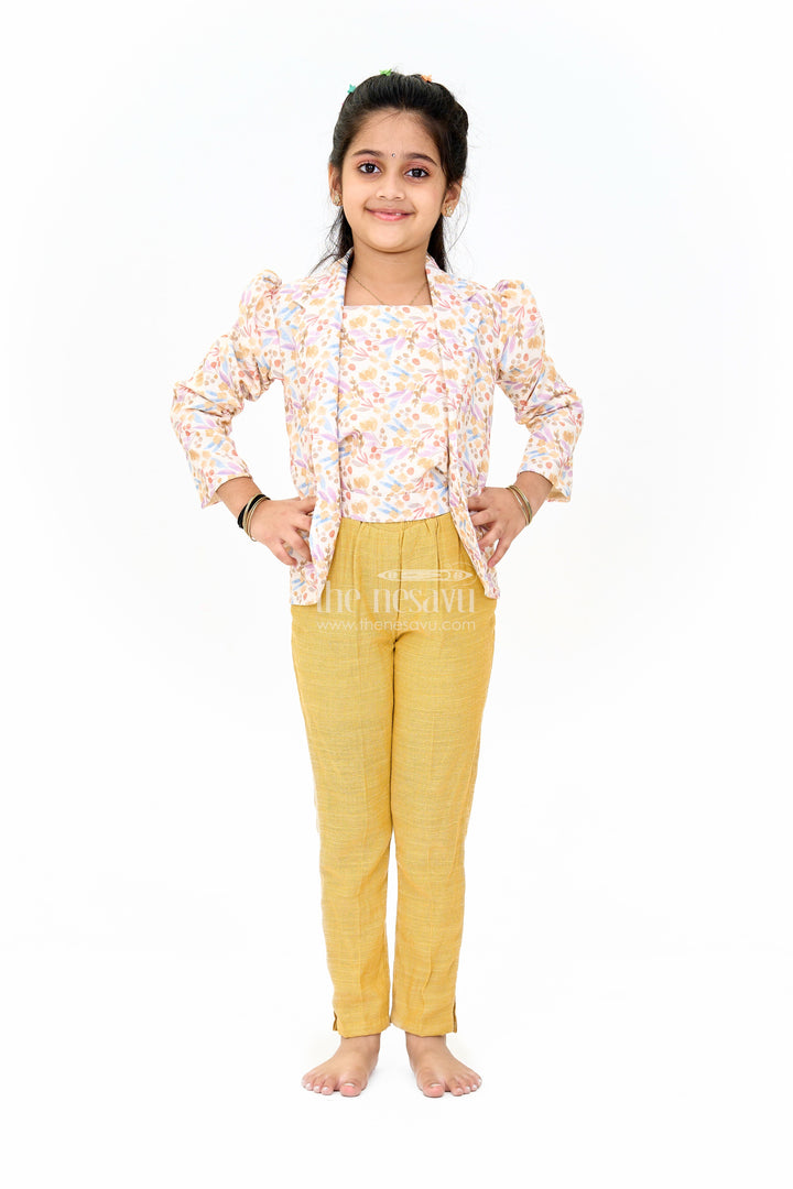 The Nesavu Girls Sharara / Plazo Set Girls Cotton Sharara Set with Festive Floral Blazer and Coordinated Pants for Parties Nesavu 18 (2Y) / Multicolor GPS471B-18 Nesavu Girls Cotton Sharara Set Floral Blazer Tailored Pants Parties