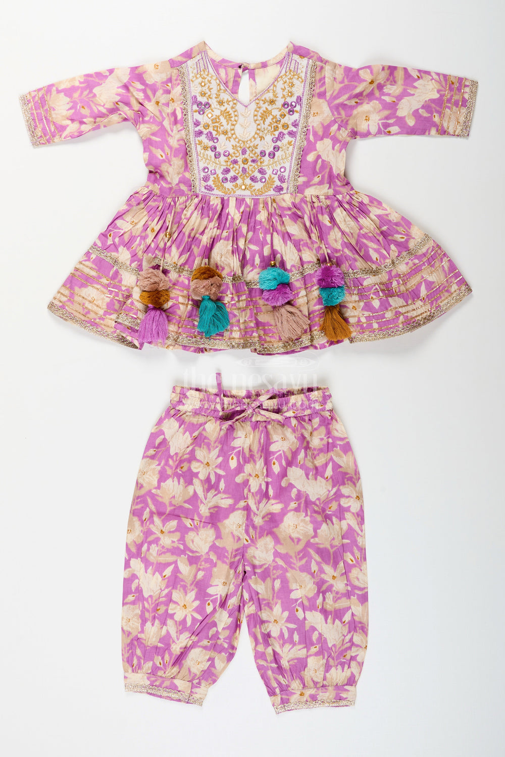 The Nesavu Girls cotton sharara set with floral block print for festive wear Nesavu 16 (1Y) / Pink GPS834A-16 Nesavu girls cotton sharara set floral block print tassels  festive outfit pujas celebrations