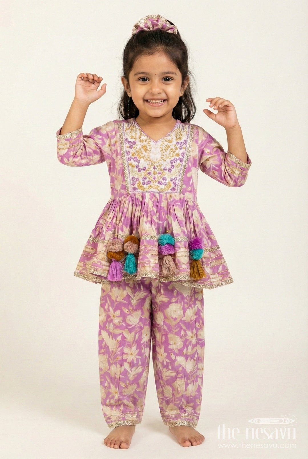The Nesavu Girls Sharara / Plazo Set Girls Cotton Sharara Set with Floral Block Print for Festive Wear Nesavu 16 (1Y) / Pink GPS834A-16 Nesavu girls cotton sharara set floral block print tassels  festive outfit pujas celebrations