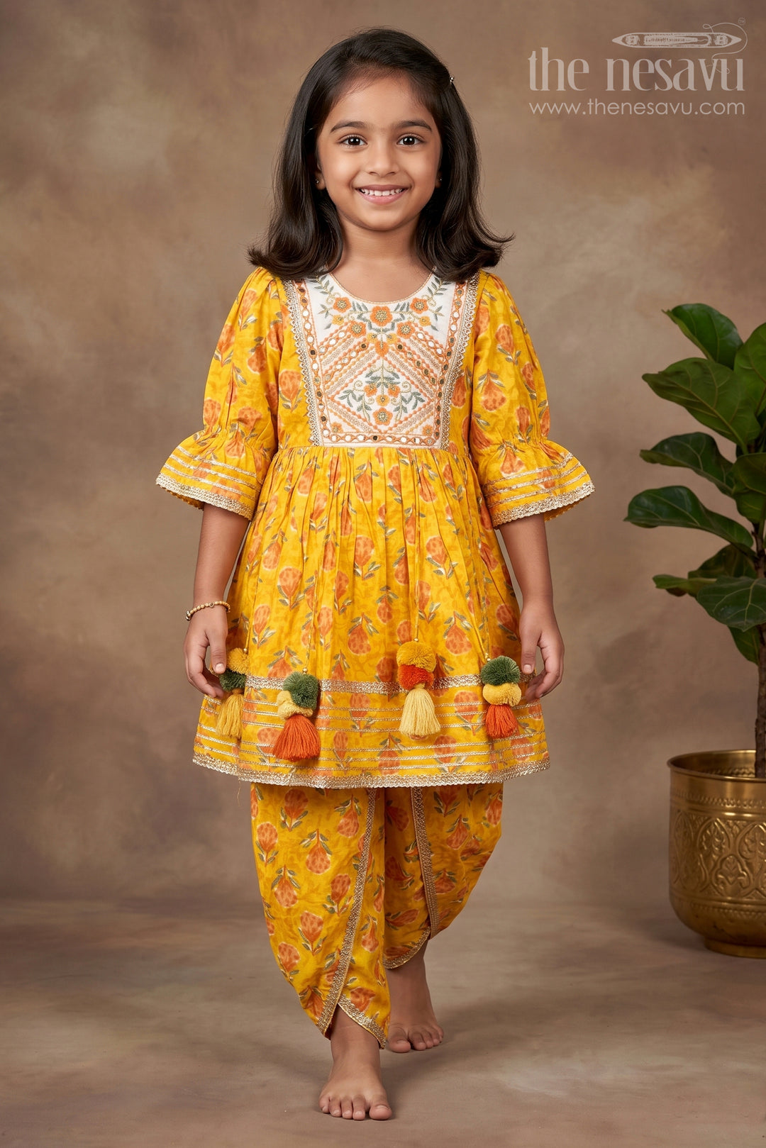 The Nesavu Girls Dothi Sets Girls Cotton Sharara Set with Floral Yoke Embroidery and Tassels Nesavu 16 (1Y) / Yellow GPS843A-16 Nesavu girls festive cotton sharara set floral embroidery tassels  ethnic outfit birthdays