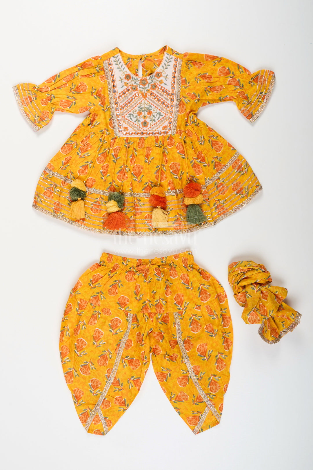 The Nesavu Girls Dothi Sets Girls cotton sharara set with floral yoke embroidery and tassels Nesavu Nesavu girls festive cotton sharara set floral embroidery tassels  ethnic outfit birthdays