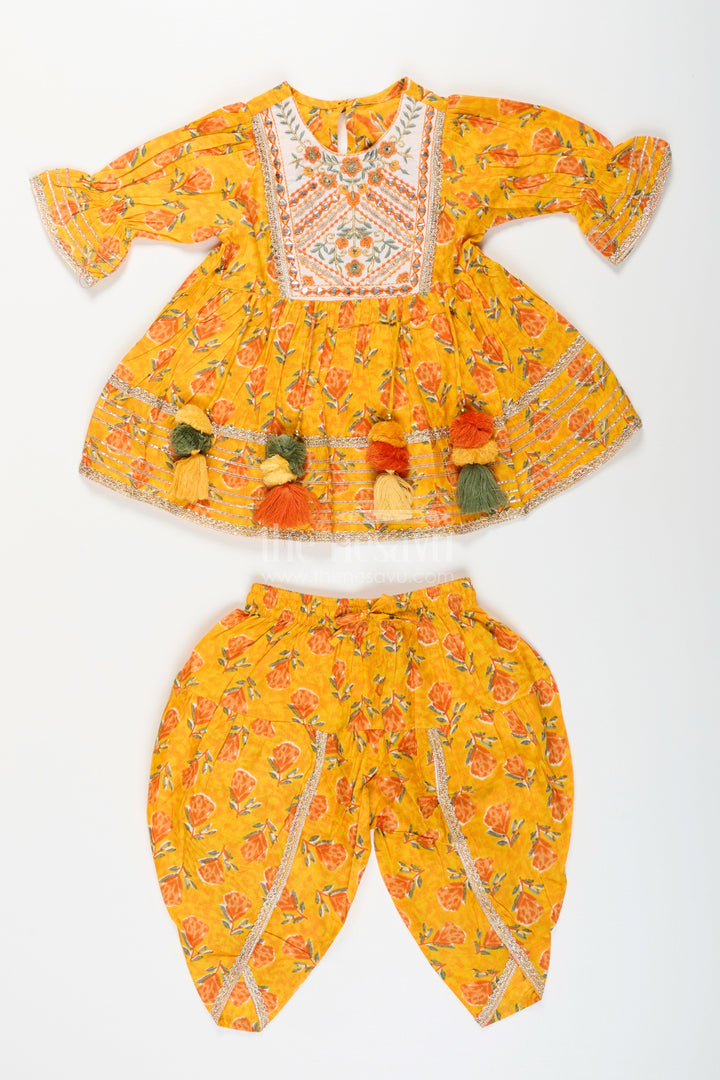 The Nesavu Girls Dothi Sets Girls cotton sharara set with floral yoke embroidery and tassels Nesavu Nesavu girls festive cotton sharara set floral embroidery tassels  ethnic outfit birthdays
