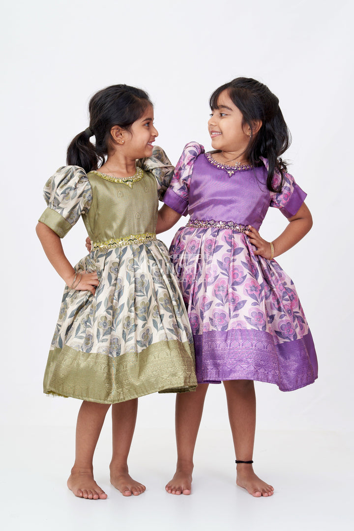 The Nesavu Silk Frock Girls Cotton Silk Frock in Rich Purple Jacquard with Floral Border and Embellished Neckline Nesavu Nesavu Girls Cotton Silk Frock Purple Jacquard Floral Print Border Embellished Neckline