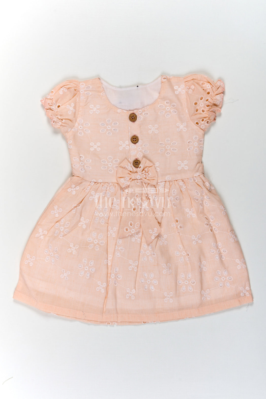 The Nesavu Girls Cotton Frock Girls Cotton Sleeveless Dress in Pastel Peach with All-Over Hakoba Floral Embroidery Nesavu 18 (2Y) / Orange GFC1714A-18 Nesavu Cotton Sleeveless Dress for Girls in Peach Hakoba Fabric with Embroidery and Button Detail