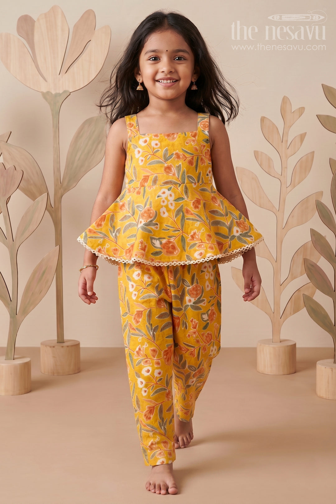 The Nesavu Girls Casual Set Girls Cotton Sleeveless Dresses Inspired Set in Mustard with Orange and Green Floral Prints Nesavu 16 (1Y) / Yellow GPS611A-16 Sleeveless Dresses Inspired Girls Cotton Set Mustard Floral Print Flared Top | The Nesavu