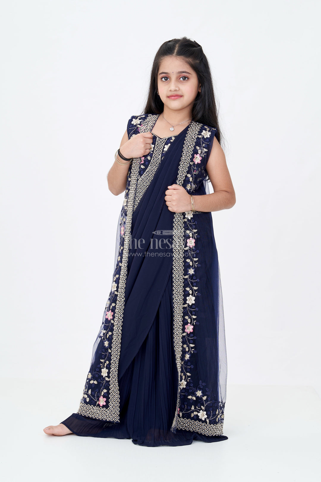 The Nesavu Girls Sharara / Plazo Set Girls Cotton Suit Piece with Cotton Dupatta in Navy Georgette and Embroidered Velvet Bodice Nesavu 24 (5Y) / Blue GPS558A-24 Nesavu Cotton Suit Piece Cotton Dupatta Embroidered Bodice Navy Blue Georgette Palazzo Set