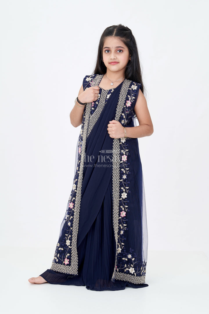 The Nesavu Girls Sharara / Plazo Set Girls Cotton Suit Piece with Cotton Dupatta in Navy Georgette and Embroidered Velvet Bodice Nesavu 24 (5Y) / Blue GPS558A-24 Nesavu Cotton Suit Piece Cotton Dupatta Embroidered Bodice Navy Blue Georgette Palazzo Set