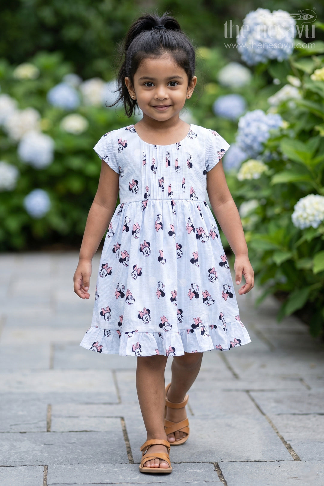 The Nesavu Girls Cotton Frock Girls Cotton White Frock for Eid with Minnie Mouse Digital Print and Ruffled Hem for a Festive Fun Look Nesavu 18 (2Y) / Half white GFC1665A-18 Girls White Frock Eid Soft Cotton Minnie Mouse Digital Print Frill Hem Design | The Nesavu