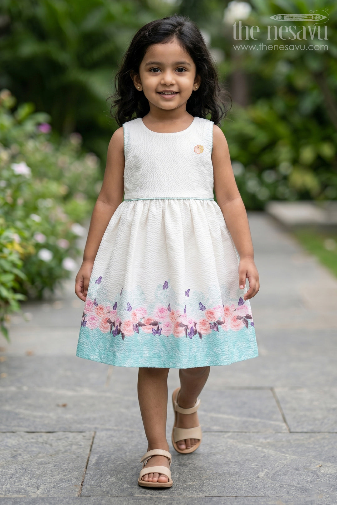 The Nesavu Girls Cotton Frock Girls Cotton White Frock Medium with Floral Printed Hem and Butterfly Accents Nesavu 20 (3Y) / White GFC1655A-20 Girls Cotton White Frock Medium Floral Printed Hem Butterfly Accents | The Nesavu