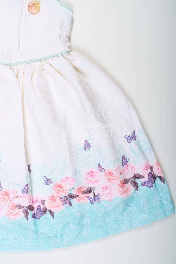 The Nesavu Girls Cotton Frock Girls Cotton White Frock Medium with Floral Printed Hem and Butterfly Accents Nesavu Nesavu Girls Cotton White Frock Medium Floral Printed Hem Butterfly Accents
