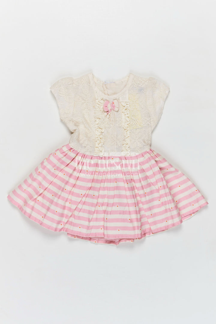 The Nesavu Girls Cotton Frock Girls Cream and Pink Striped Cotton Frock with Ruffle Front and Bow for Sweet frock cotton design Style Nesavu 12 (3M) / Cream GFC1492B-12 Nesavu Girls Cotton Frock Ruffled Bodice Pink Striped Skirt frock cotton design