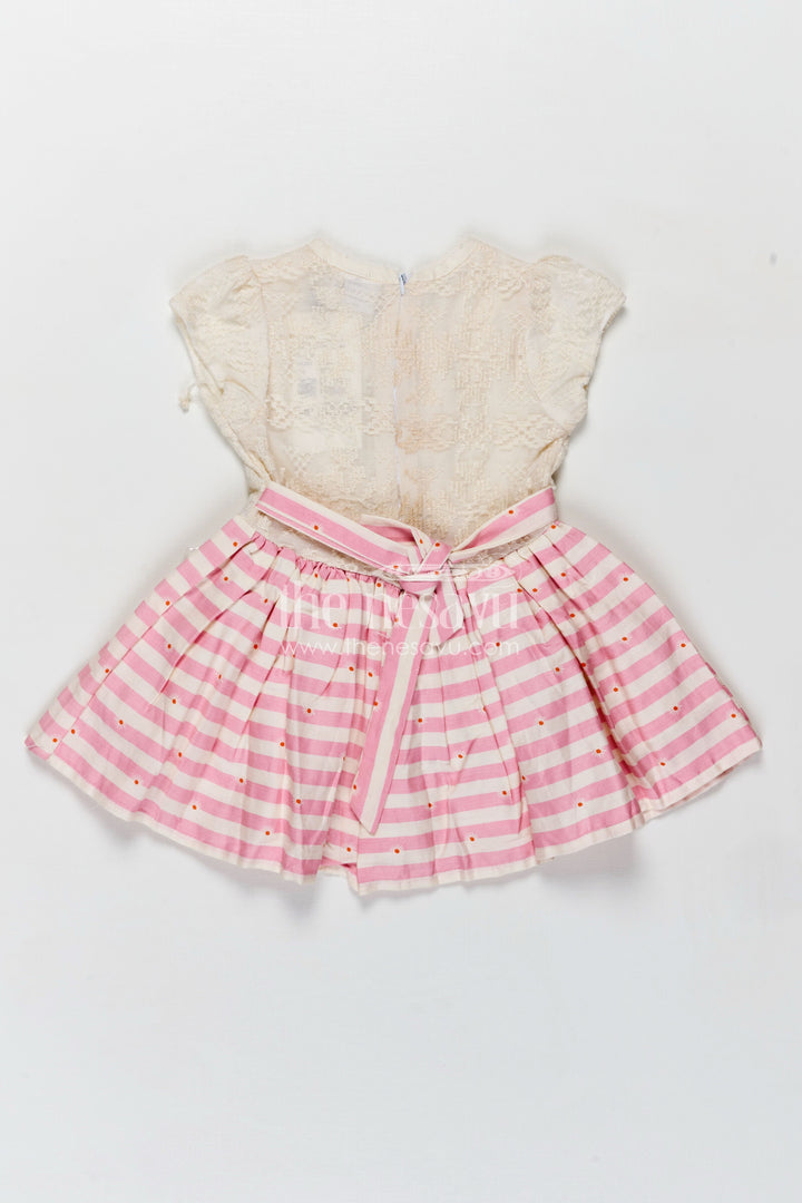 The Nesavu Girls Cotton Frock Girls Cream and Pink Striped Cotton Frock with Ruffle Front and Bow for Sweet frock cotton design Style Nesavu Nesavu Girls Cotton Frock Ruffled Bodice Pink Striped Skirt frock cotton design
