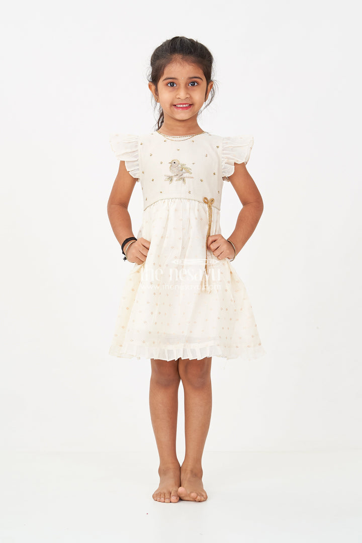 The Nesavu Girls Chanderi Frock Girls Cream Chanderi Simple Frocks with Embroidered Bird Motif and Frilled Sleeves Nesavu Nesavu Cream Chanderi Simple Frocks Girls Bird Embroidery Frilled Sleeves