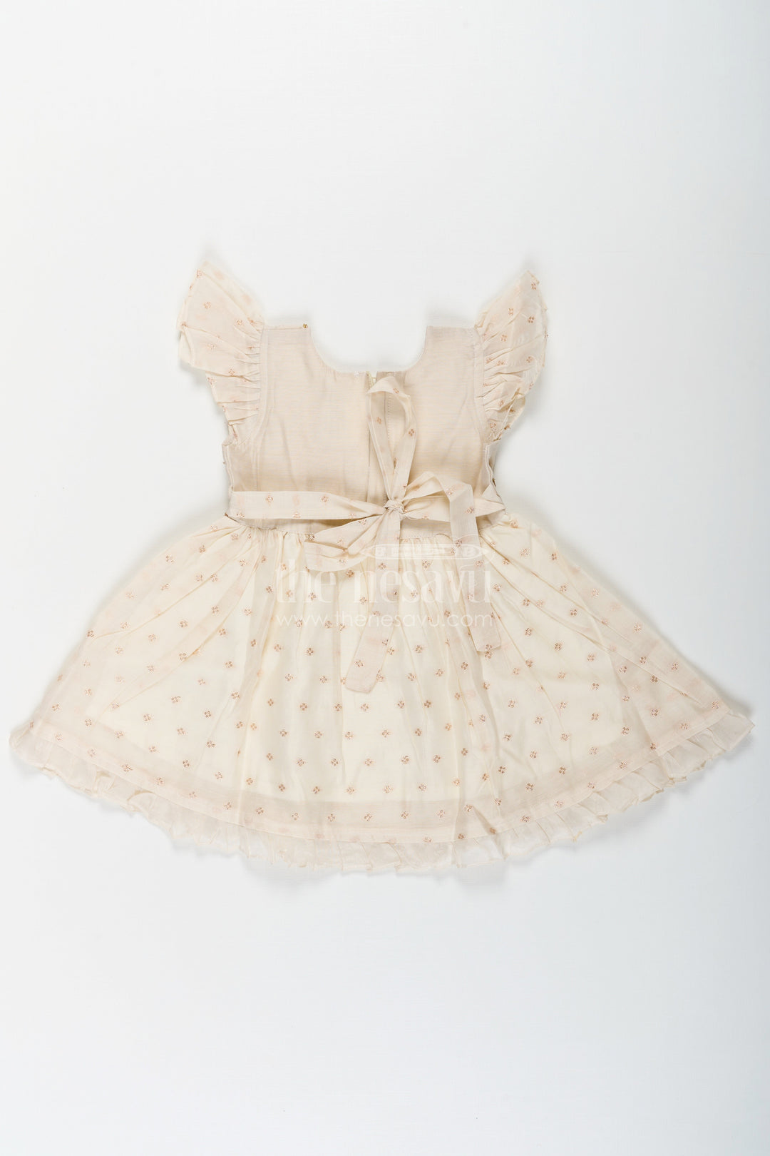 The Nesavu Girls Chanderi Frock Girls Cream Chanderi Simple Frocks with Embroidered Bird Motif and Frilled Sleeves Nesavu Nesavu Cream Chanderi Simple Frocks Girls Bird Embroidery Frilled Sleeves