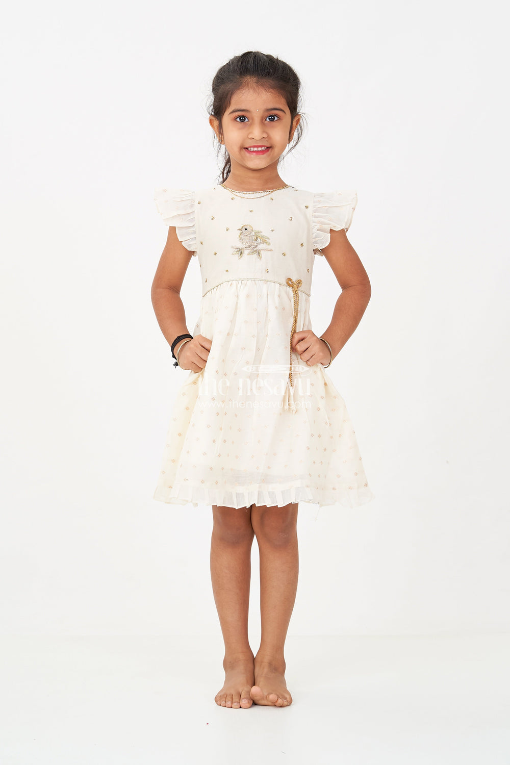 The Nesavu Girls Chanderi Frock Girls Cream Chanderi Simple Frocks with Embroidered Bird Motif and Frilled Sleeves Nesavu Nesavu Cream Chanderi Simple Frocks Girls Bird Embroidery Frilled Sleeves