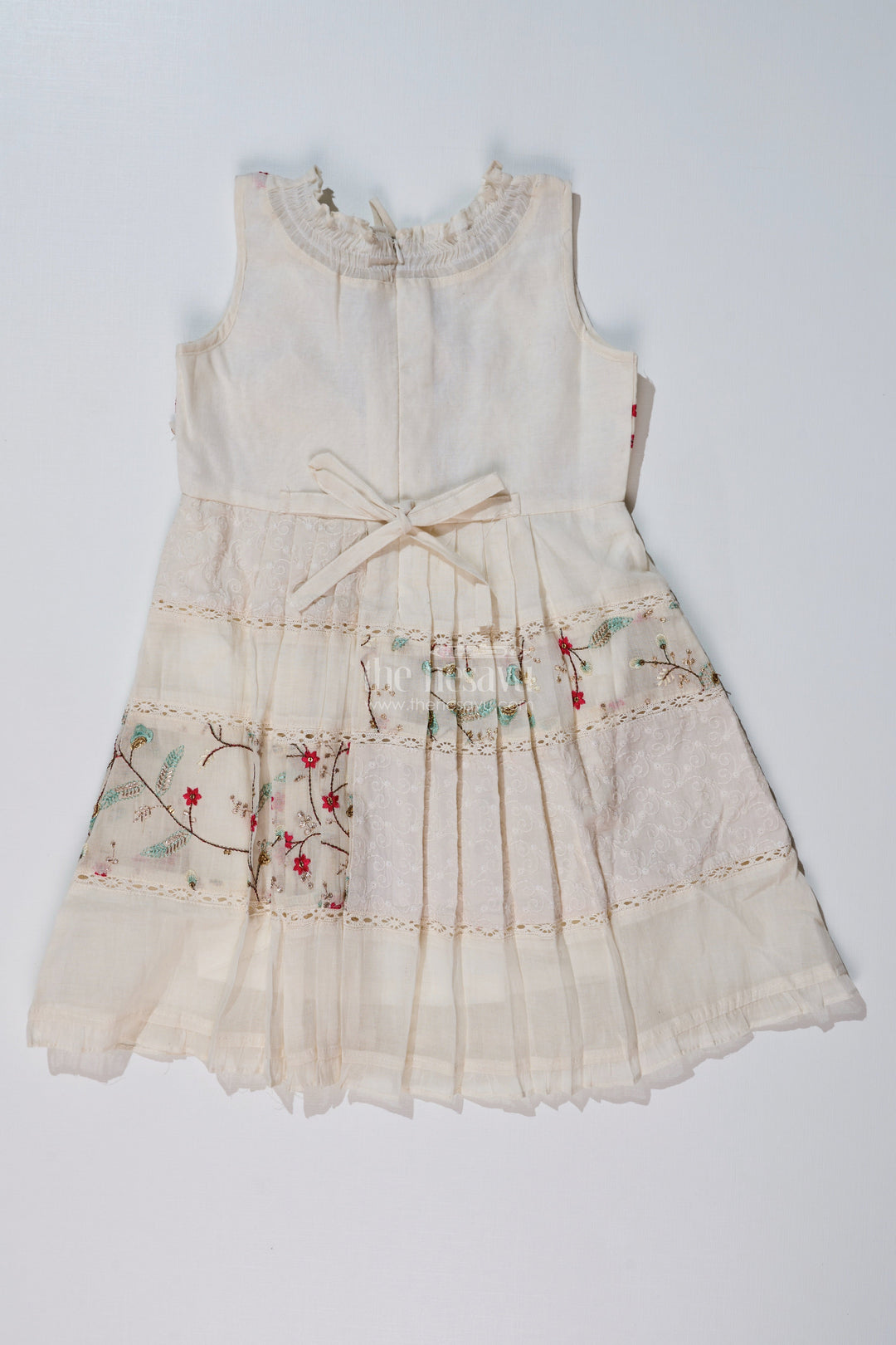 The Nesavu Girls Cotton Frock Girls Cream Color Frock with Embroidery and Pleated Skirt for Casual and Festive Wear Nesavu Nesavu Girls Cream Color Cotton Frock Embroidery Pleated Skirt Festive Wear