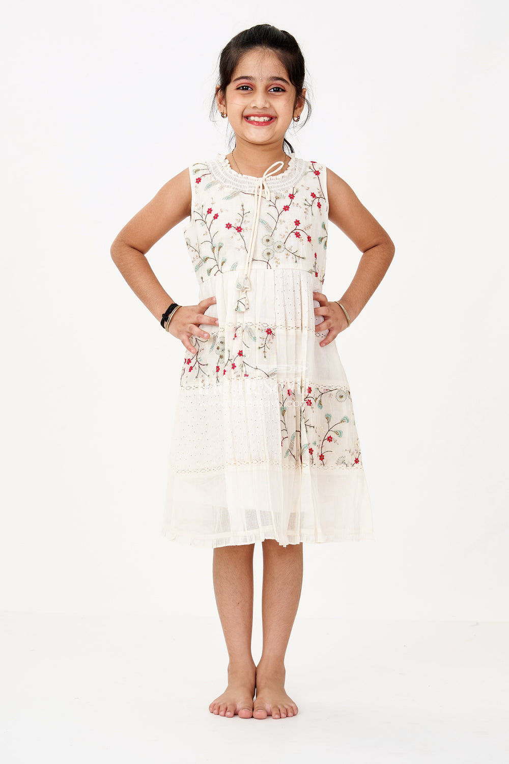 The Nesavu Girls Cotton Frock Girls Cream Color Frock with Embroidery and Pleated Skirt for Casual and Festive Wear Nesavu Nesavu Girls Cream Color Cotton Frock Embroidery Pleated Skirt Festive Wear