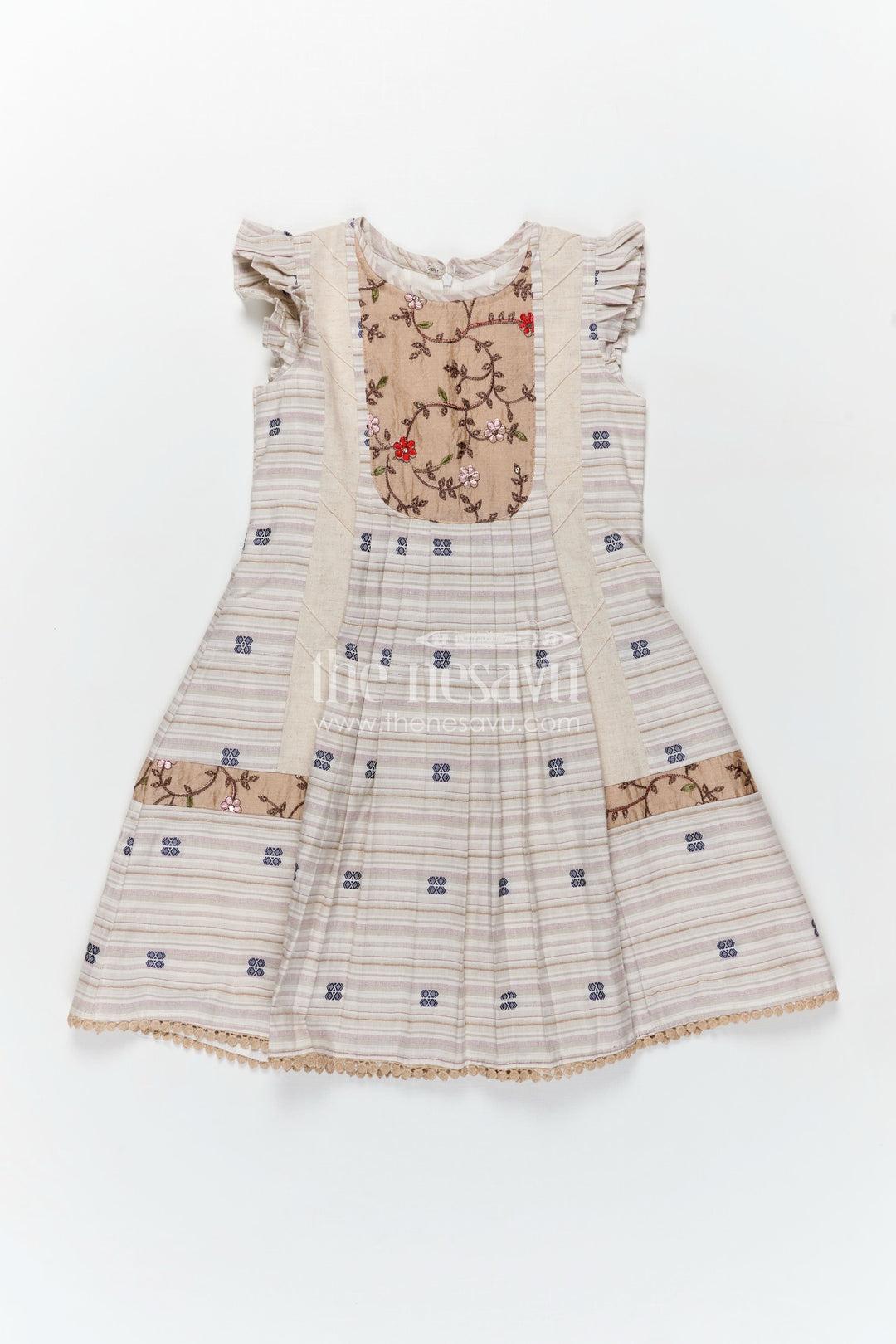 The Nesavu Girls Cotton Frock Girls Cream Cotton Frock with Embroidery Yoke and Traditional Weave Inspired fashion design frock Nesavu 22 (4Y) / Cream GFC1435A-22 Nesavu Girls Cream Cotton Frock Embroidered Yoke Classic fashion design frock Style
