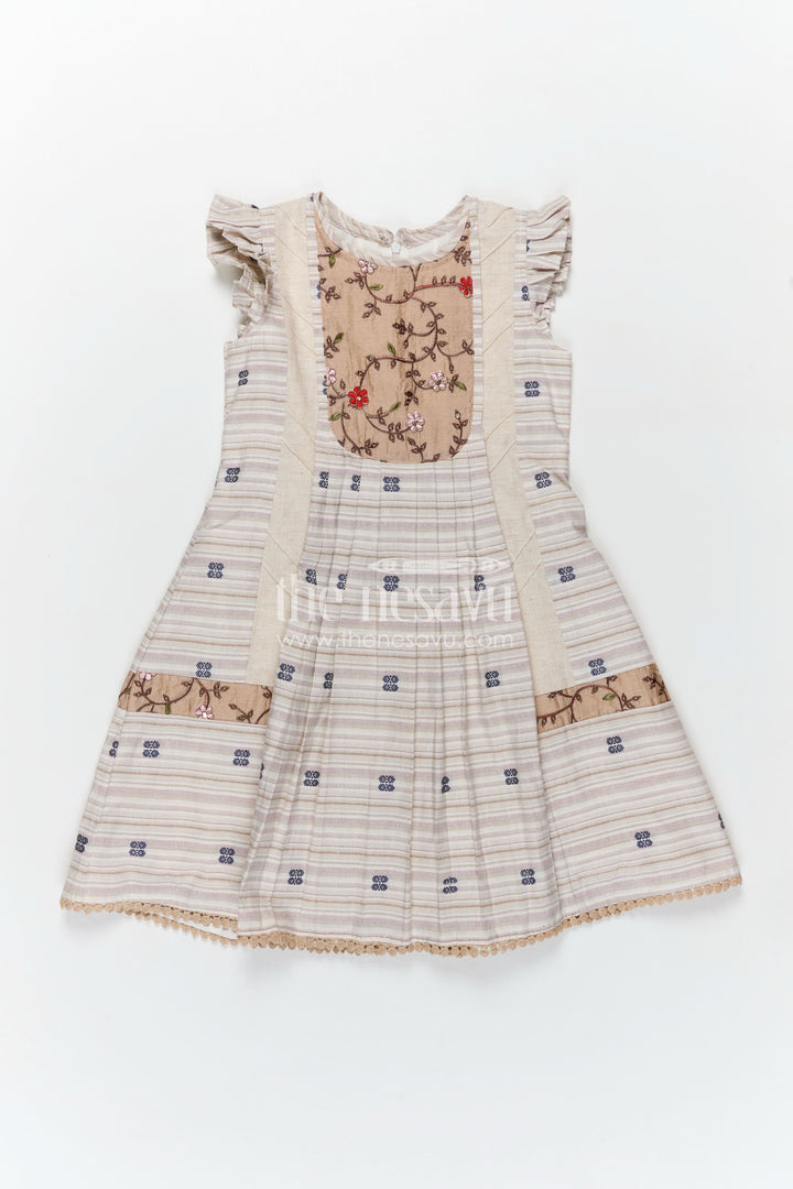 The Nesavu Girls Cotton Frock Girls Cream Cotton Frock with Embroidery Yoke and Traditional Weave Inspired fashion design frock Nesavu 22 (4Y) / Cream GFC1435A-22 Nesavu Girls Cream Cotton Frock Embroidered Yoke Classic fashion design frock Style