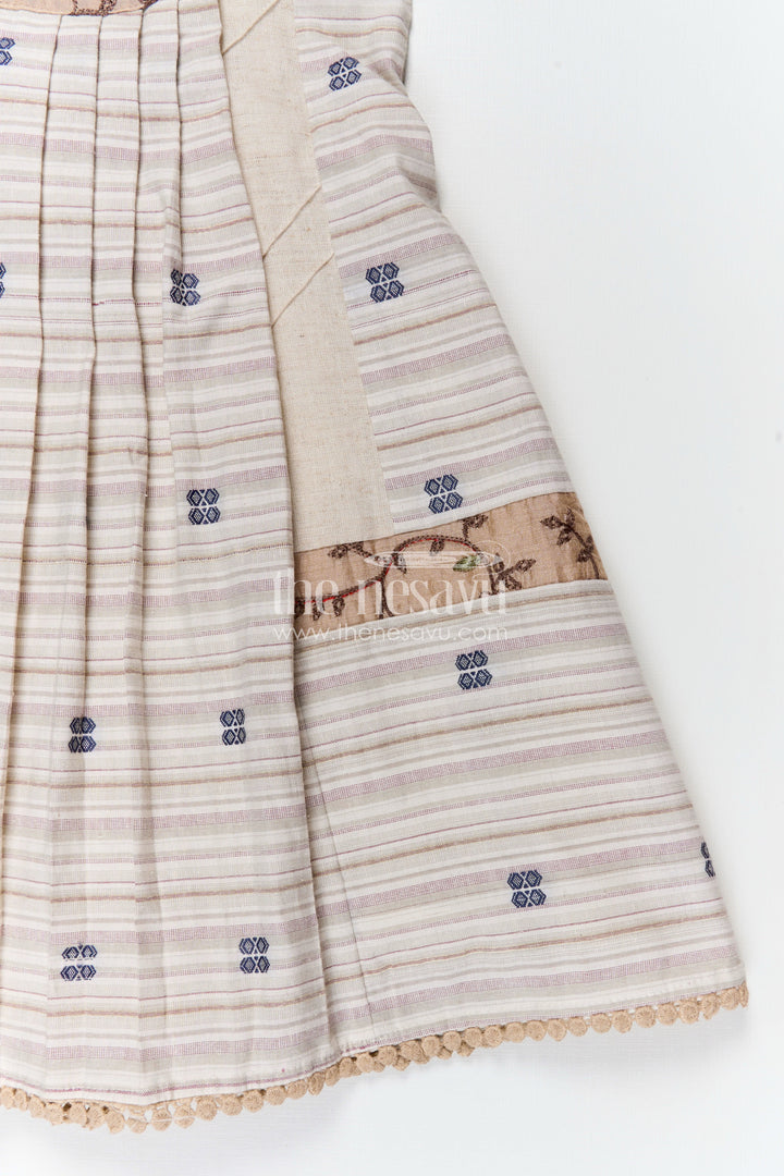 The Nesavu Girls Cotton Frock Girls Cream Cotton Frock with Embroidery Yoke and Traditional Weave Inspired fashion design frock Nesavu Nesavu Girls Cream Cotton Frock Embroidered Yoke Classic fashion design frock Style