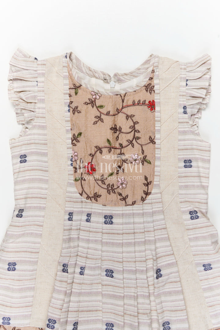 The Nesavu Girls Cotton Frock Girls Cream Cotton Frock with Embroidery Yoke and Traditional Weave Inspired fashion design frock Nesavu Nesavu Girls Cream Cotton Frock Embroidered Yoke Classic fashion design frock Style
