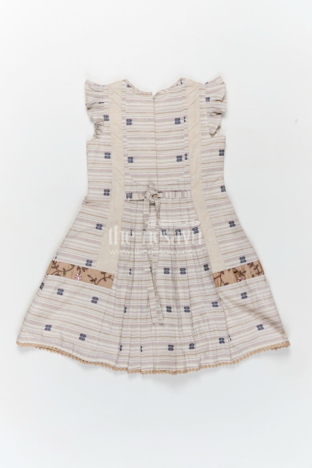The Nesavu Girls Cotton Frock Girls Cream Cotton Frock with Embroidery Yoke and Traditional Weave Inspired fashion design frock Nesavu Nesavu Girls Cream Cotton Frock Embroidered Yoke Classic fashion design frock Style