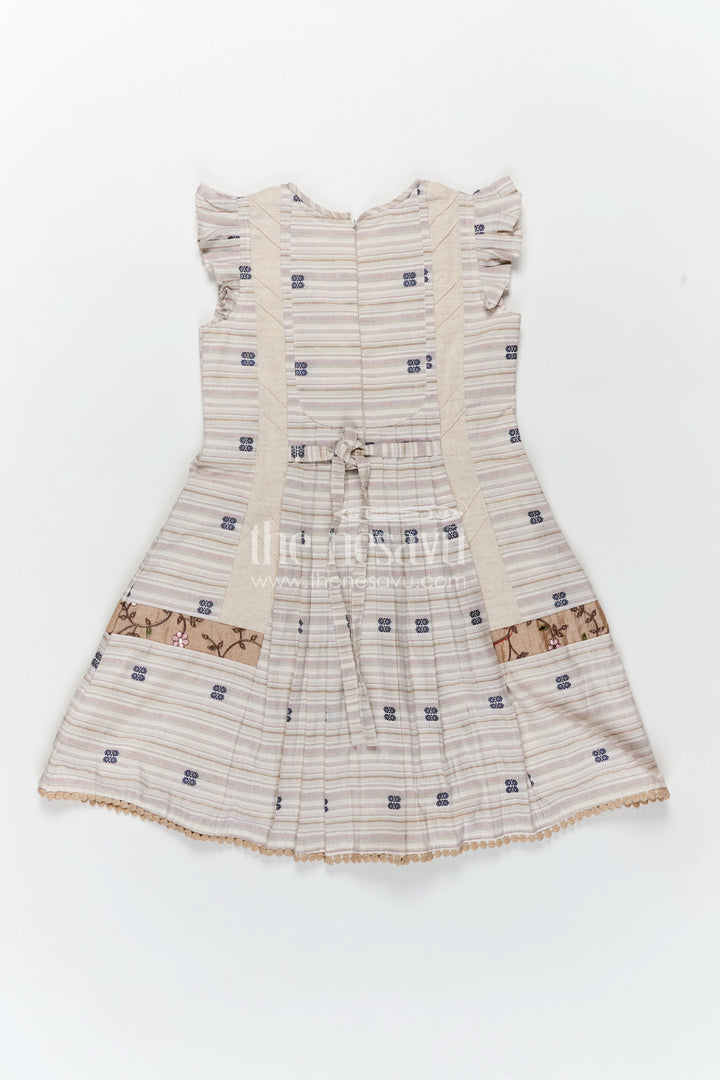 The Nesavu Girls Cotton Frock Girls Cream Cotton Frock with Embroidery Yoke and Traditional Weave Inspired fashion design frock Nesavu Nesavu Girls Cream Cotton Frock Embroidered Yoke Classic fashion design frock Style