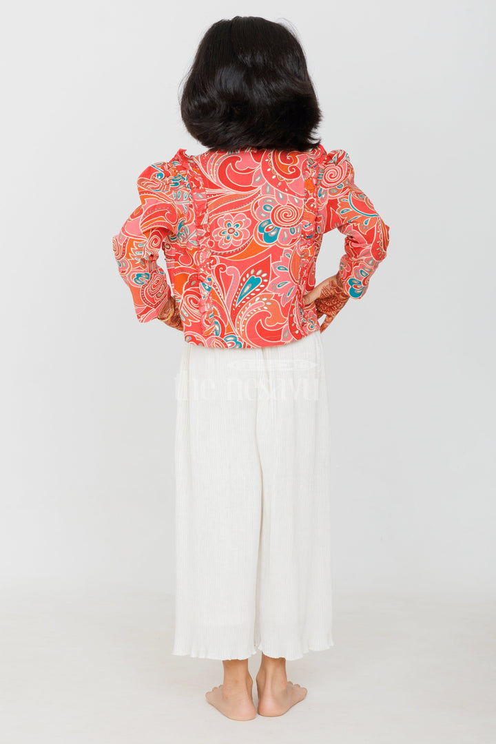 The Nesavu Girls Sharara / Plazo Set Girls Cream Garara Sharara Set with Vibrant Printed Blazer and Palazzo Pants Nesavu Nesavu Girls Cream Garara Sharara Printed Blazer Palazzo Festive Elegance