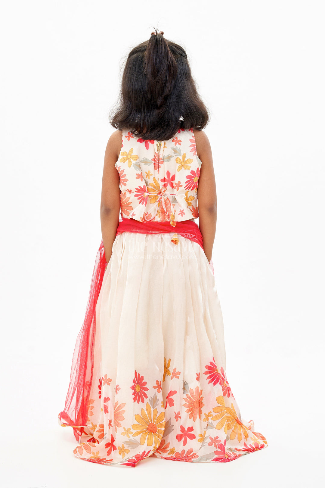 The Nesavu Girls Lehenga Choli Girls Cream Lehenga Choli in Glaze Organza with Digital Floral Print and Tassel Accents Nesavu Nesavu Girls Cream Lehenga Choli Glaze Organza Digital Floral Print Mirrorwork